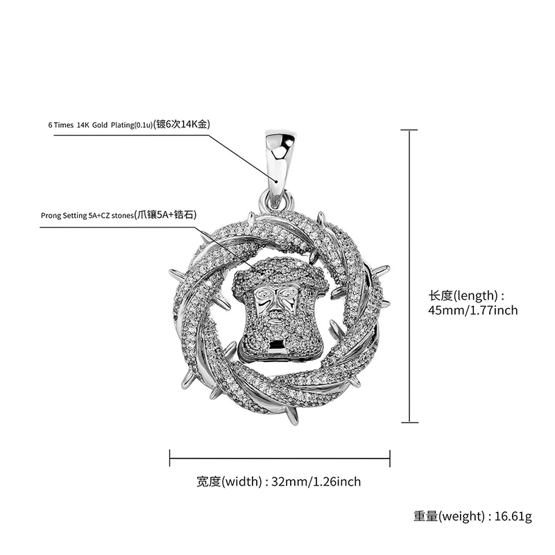 Hip Hop 5A+ CZ Stone Bling Iced Out Thorn Crown JESUS PIECE Round Pendant Necklace for Men Rapper Jewelry Gold Silver Color