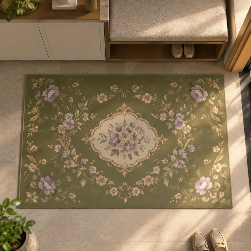 VIKAMA Floor Carpet Olive Green Moroccan Floral Wreath Sitting Room Fireplace Side Table Bedroom Modern Home Decor