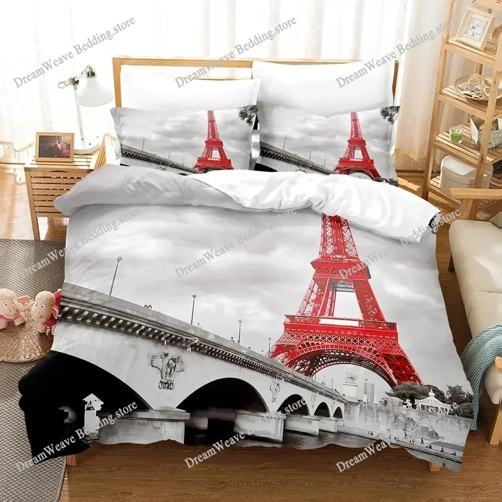 Bedding Decor 3D Eiffel Tower Duvet Cover King Queen Size Europe City Building Theme Flower Polyester Quilt Cover for Teens Kids