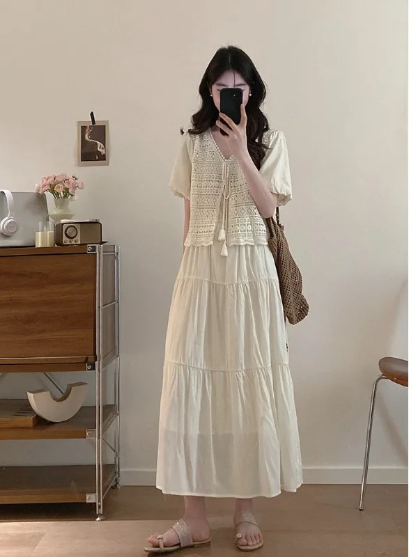 

plus Size Lace Splice Summer Dress Women's High Waist A-Line Long Skirt Style Commute Korean Version Belted Vacation Style