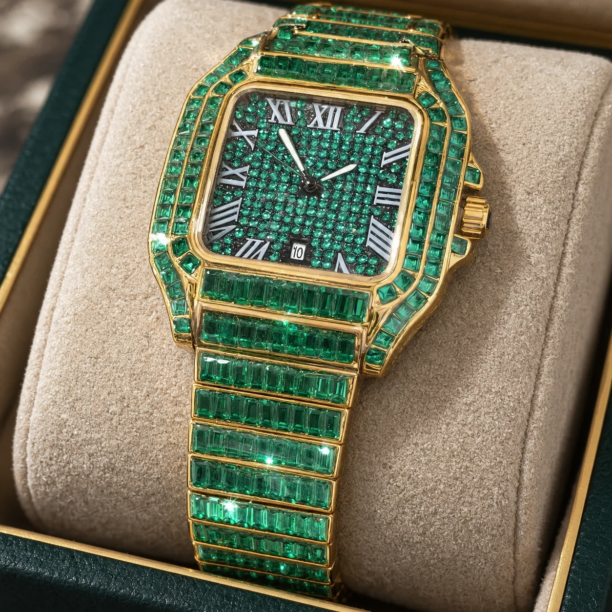 Square Shell Roman Men's Quartz Watch, Block Face Stacked Strap, Vintage Gorgeous Style