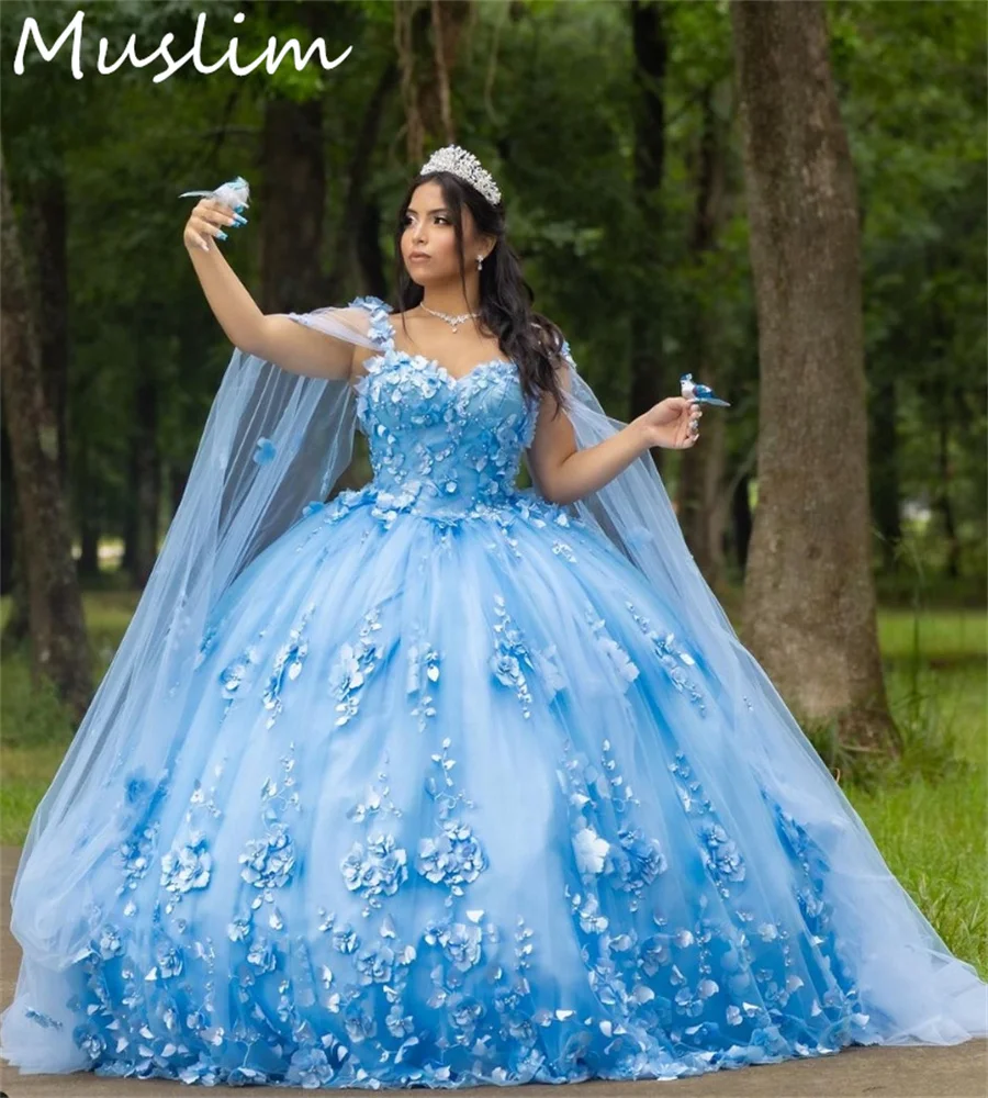 Plus size azul floral quinceanera vestidos charro vestidos de xv mexicanos doce 16 aniversário capa mangas photoshoot personalizado