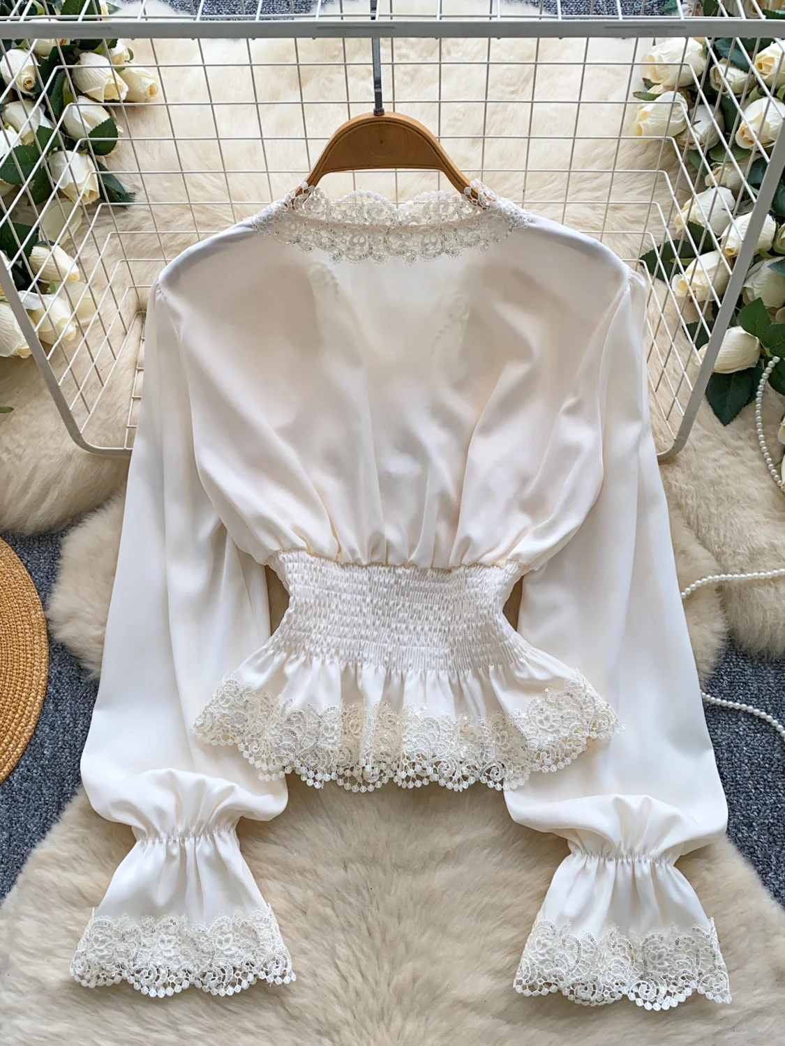 Retro V-hals Pailletten Kant Splitsen Uitlopende Sve irt Dames Herfst Hoogwaardige Taille-cinching Zijden Top Koreaanse Sle losse Fit