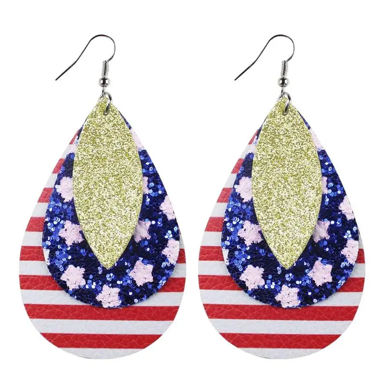 Independence Day Leather Earrings 3 Layer PU Leather 4th Of July Patriotic Hook Earrings For Women American Flag Star Dangle