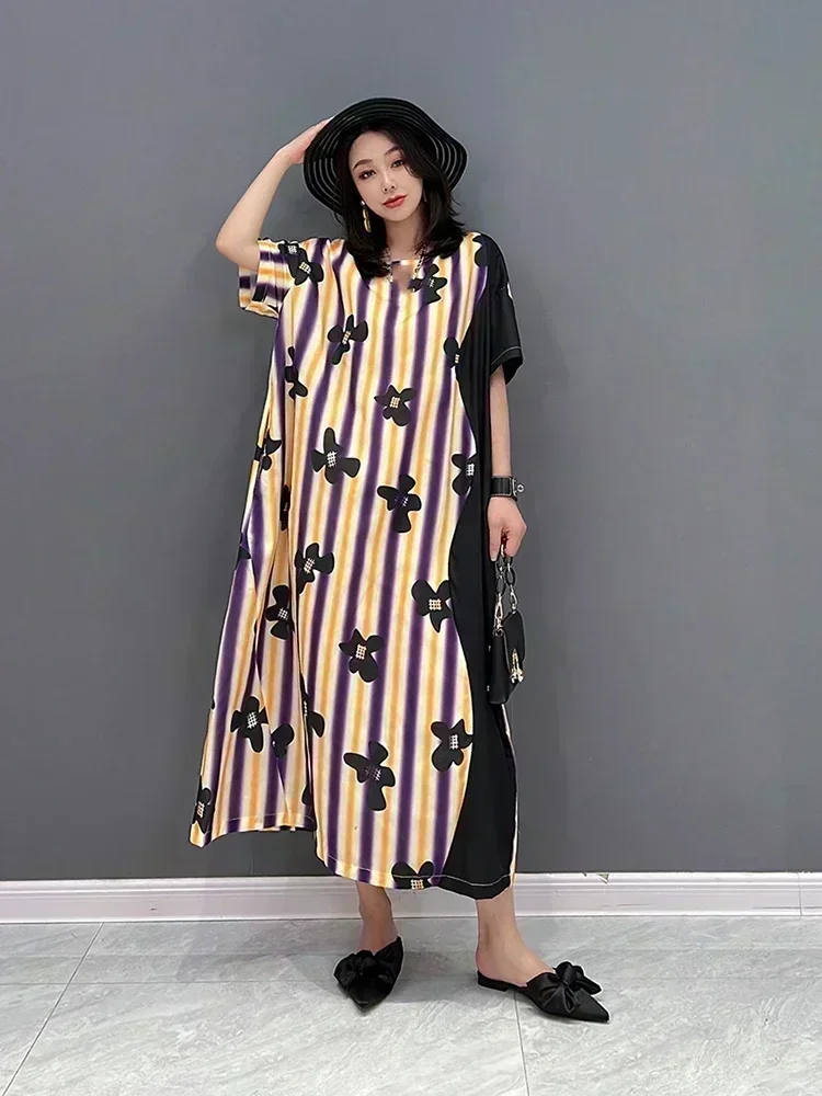 XITAO Fashion Striped Print Dress Loose Casual Simplicity Contrast Color Women T-shirt Dress Temperament Summer New ZY7275