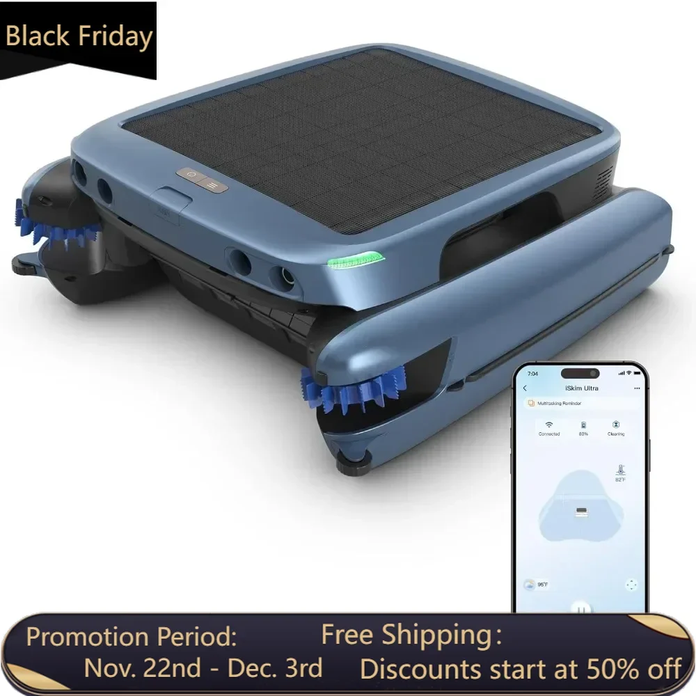 Solar powered robot pool skimmer -24/7 cleaning, solar and magnetic wireless charging, application control, ice blue