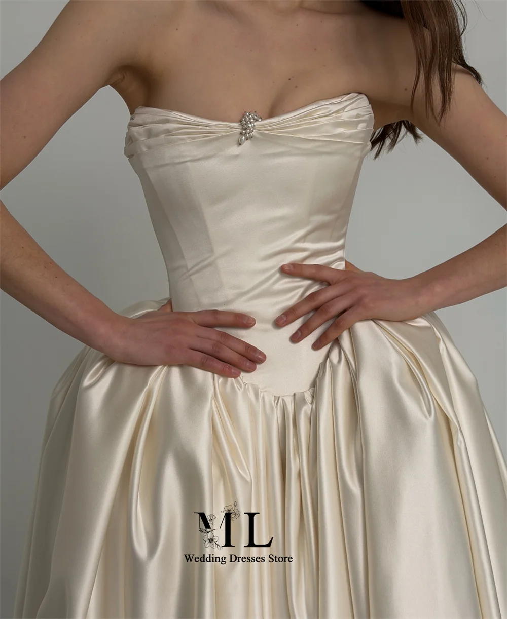 ML Royal Strapless Satin A Line Wedding Dress Beaded Chapel Train Puffy Sleeveless Bridal Gown Vestidos Novias Customized