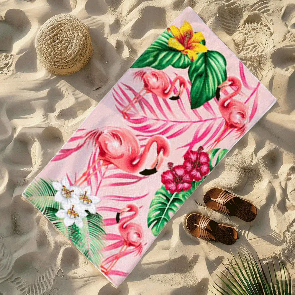 Hawaii Style Pink Flamingo and Tropical Floral Print High-Definition Digital Printing Beach Towel Ideal Holiday Gift