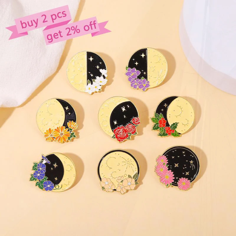 Broche de esmalte de fase lunar Floral personalizado, insignias de solapa de media luna, cuarto de luna llena, Pines, regalo de joyería para niños, amigos, astrología