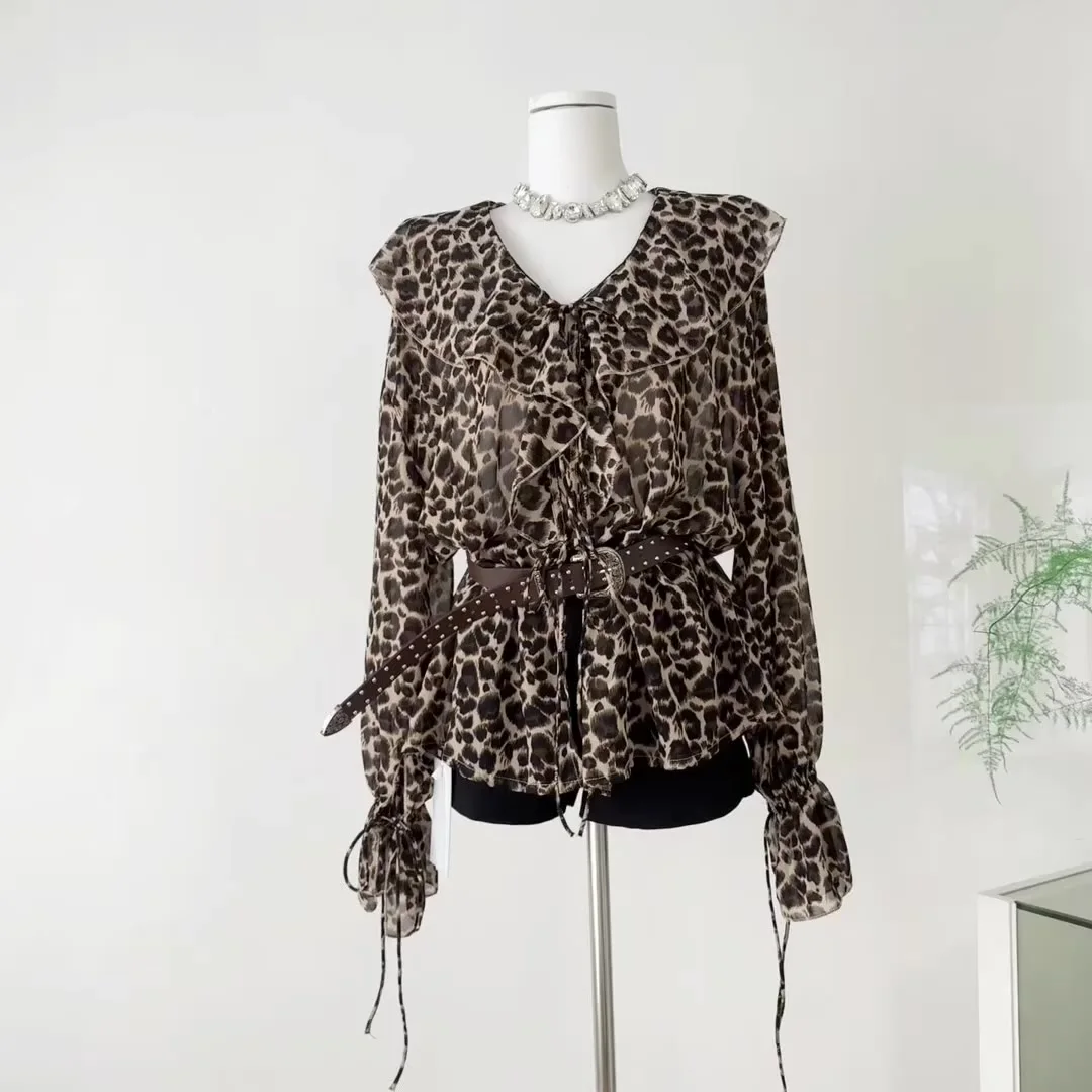 

2025 Autumn Winter Long Sleeve Leopard Print Shirt With Blet Chiffon Design Shoujo Y2k Blouse 2000s Aesthetic Coquette Gyaru