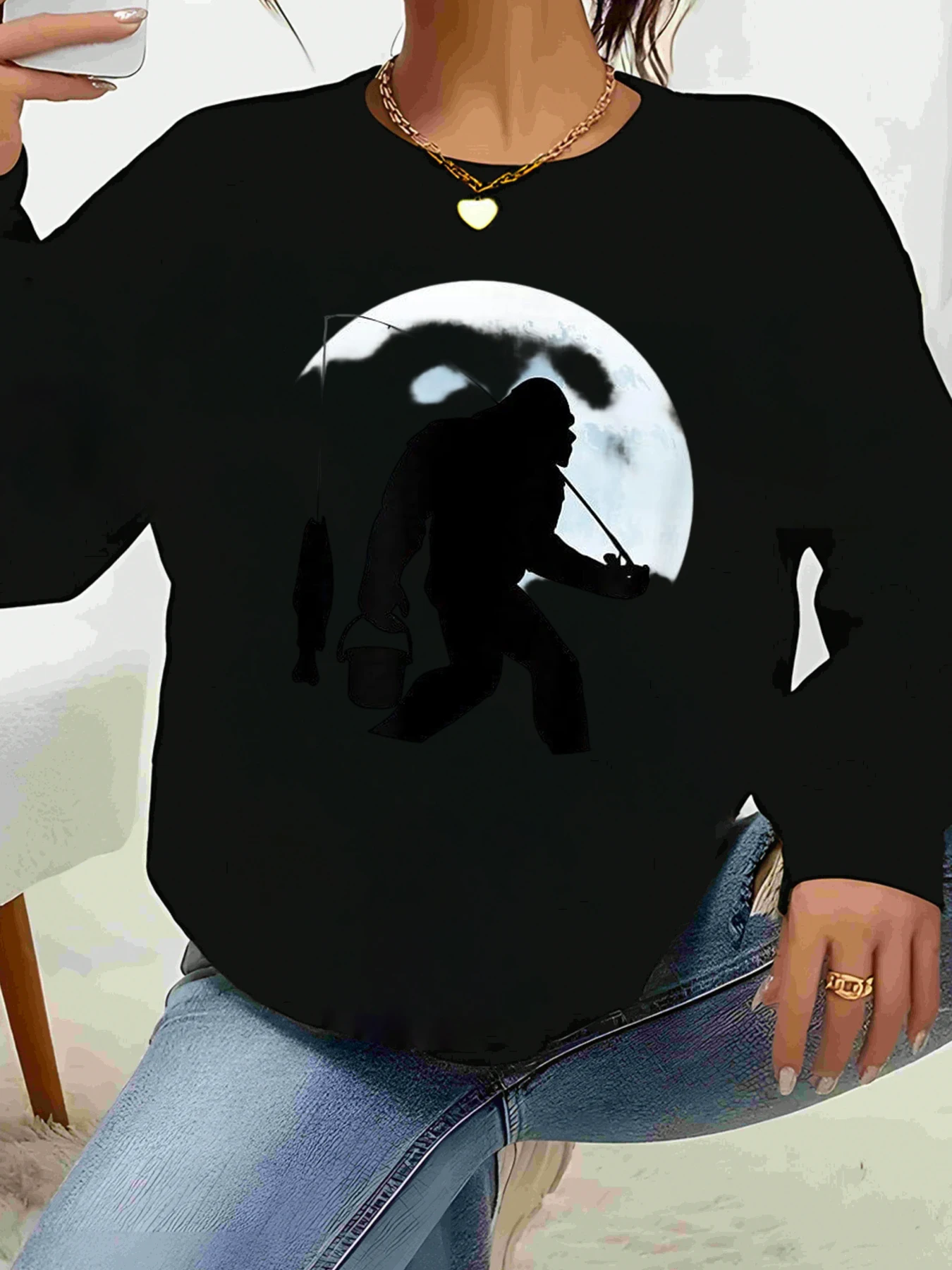 

Луна Рыбалка Силуэт Принт Хэллоуин Топ С Длинным Рукавом Повседневная Одежда Женская