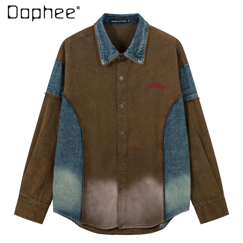 

American Style Trendy Gradient Color Block Denim Jacket for Men High Street Design Sense Niche Washed Vintage Loose Shirt