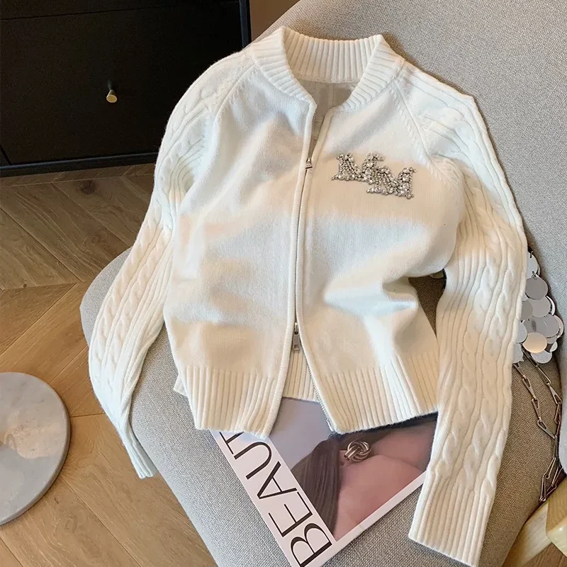 

Autumn Winter White Women's Sweater 2024 New Fashion Loose Casual Tops Knitwear Zipper Pure Colour Letter Outerwear Female