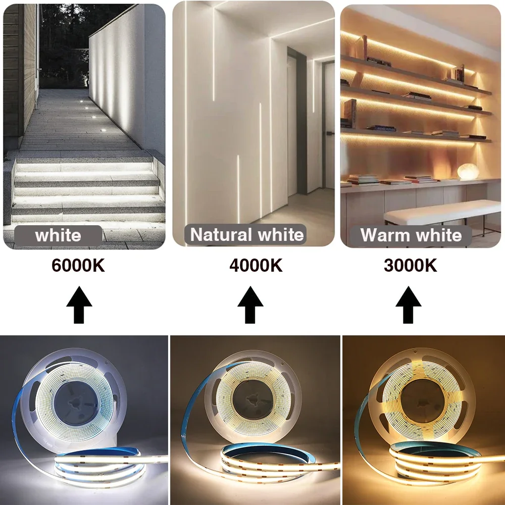 High Density Linear Iluminação LED Strip Light, COB, FOB flexível, Fita LED Light, Natureza Quente, Cool White, RA90, 12V, 24V, 320LEDs por m