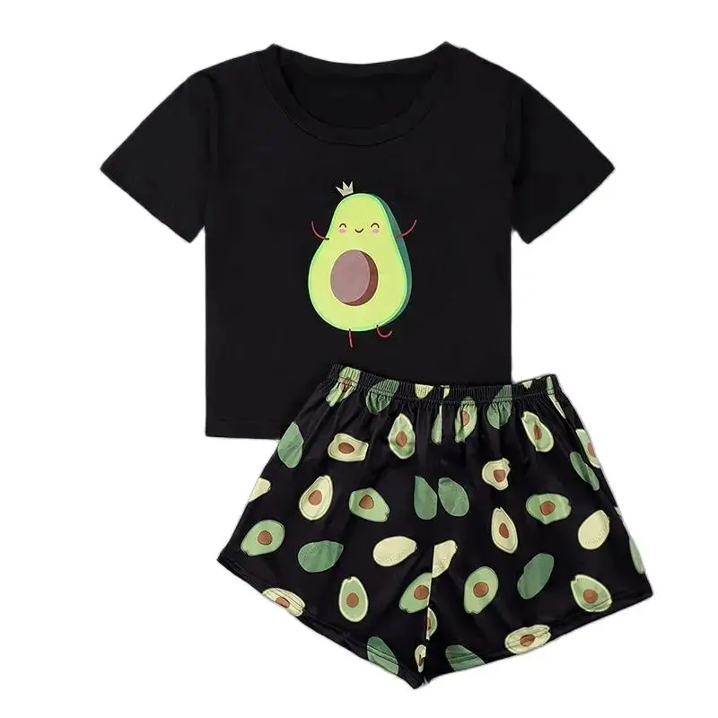 Avocado Print Pajamas Suits Women Shorts Sleepwear Summer Ladies Pajamas Set Short Sleeve T-Shirt Round Neck Shorts Outdoor Wear