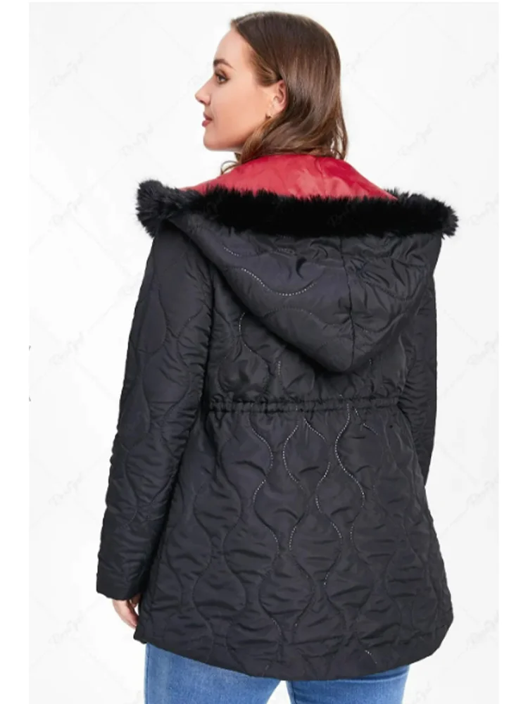 Plus Size Faux Fur Panel Elastic Waisted Hooded Quilted Jacket 2023 New Winter Down Coat Unisex Fur Collar Hooded Park Coat