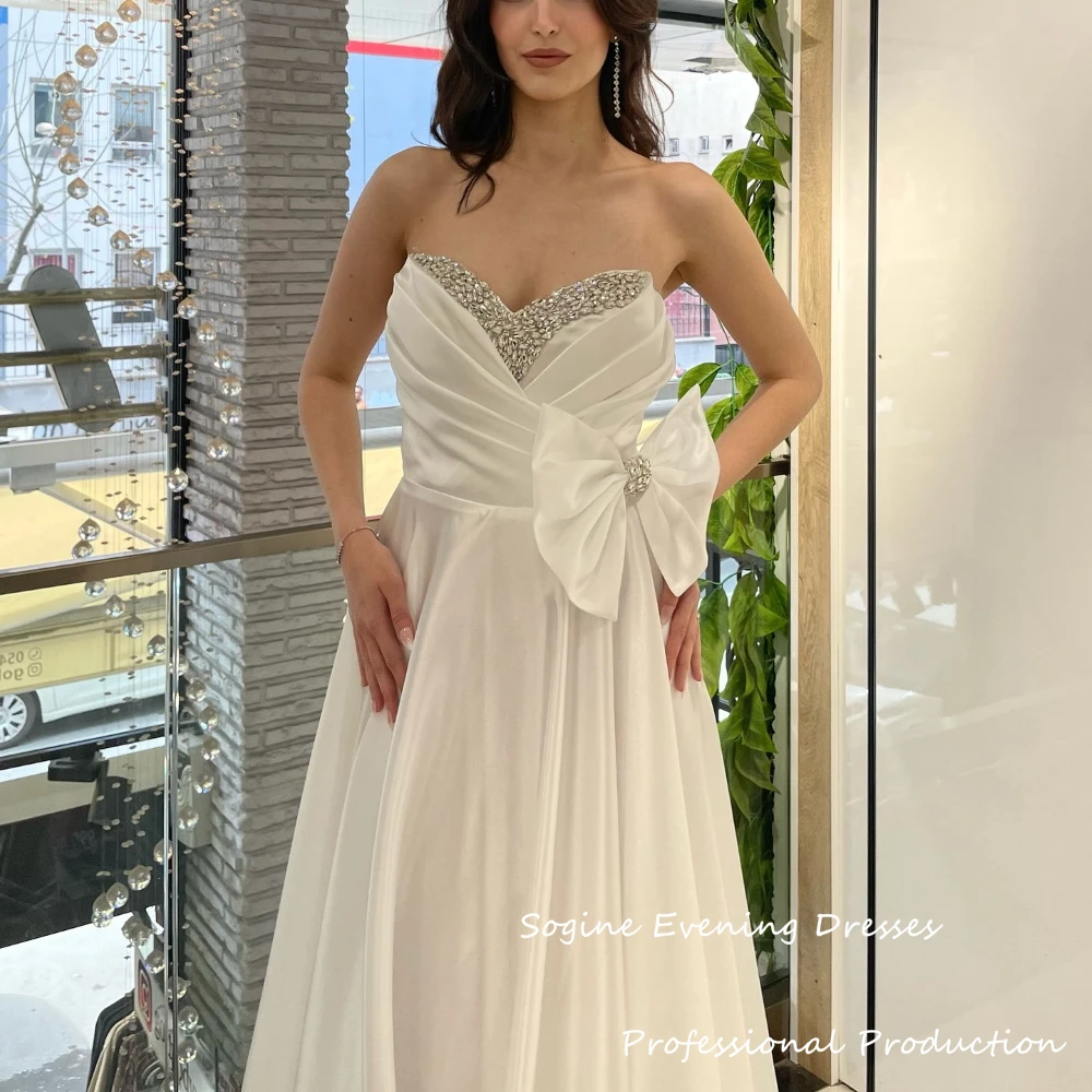 Vestidos de noite de cetim sem alças, vestidos longos de festa de casamento com adornos de cristal até o chão, vestidos de festa de coquetel