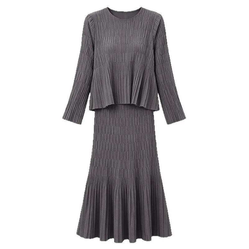 Miyake Pleated Skirt Set Plisse Women 2026 Autumn Winter New Gray Loose Fold Top and Skirt Pleats Two-Piece Set Elegant Style