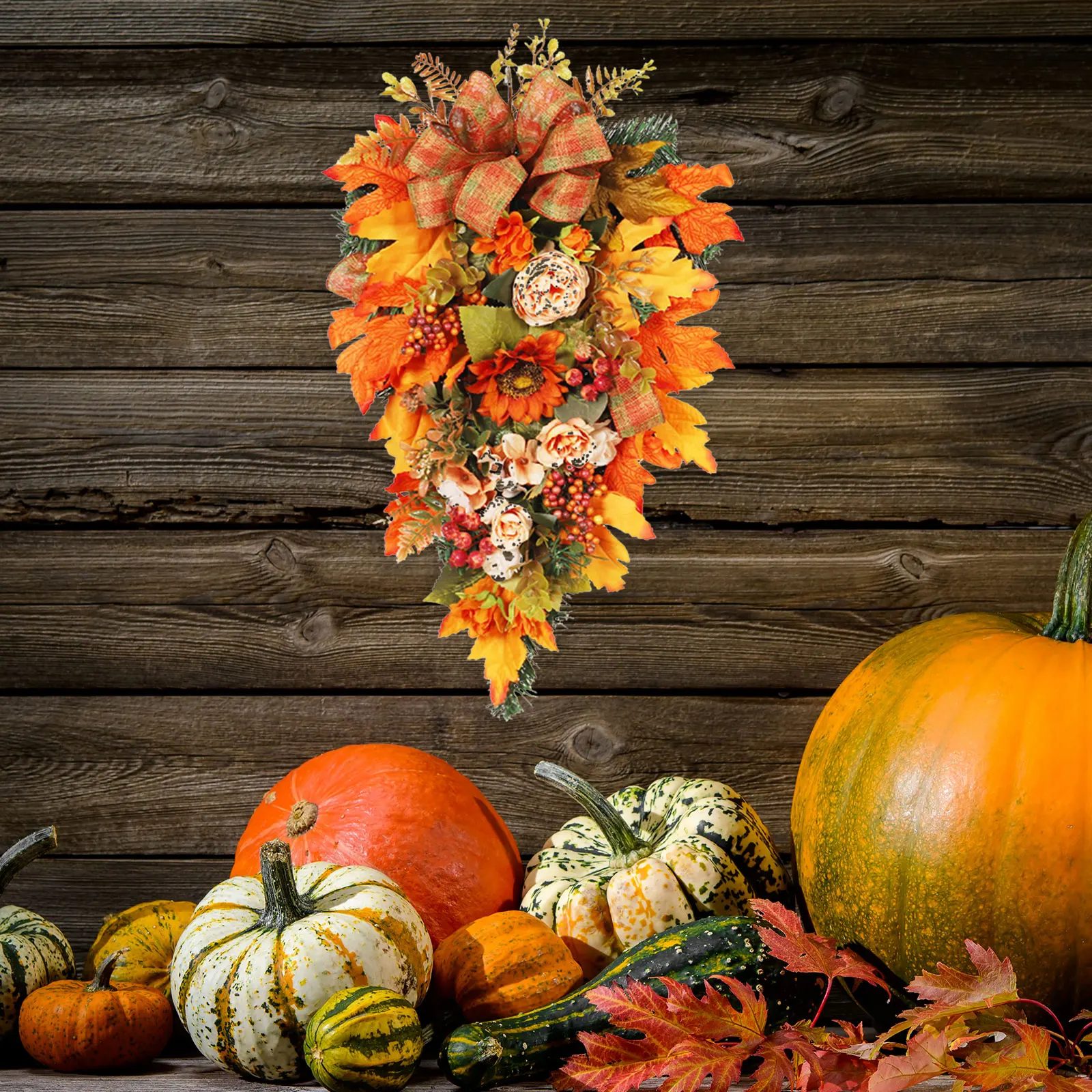 

Artificial Teardrop Wreath Fake Peony Sunflower Garland Front Door Swag Fall Thanksgiving Home Table Decorations