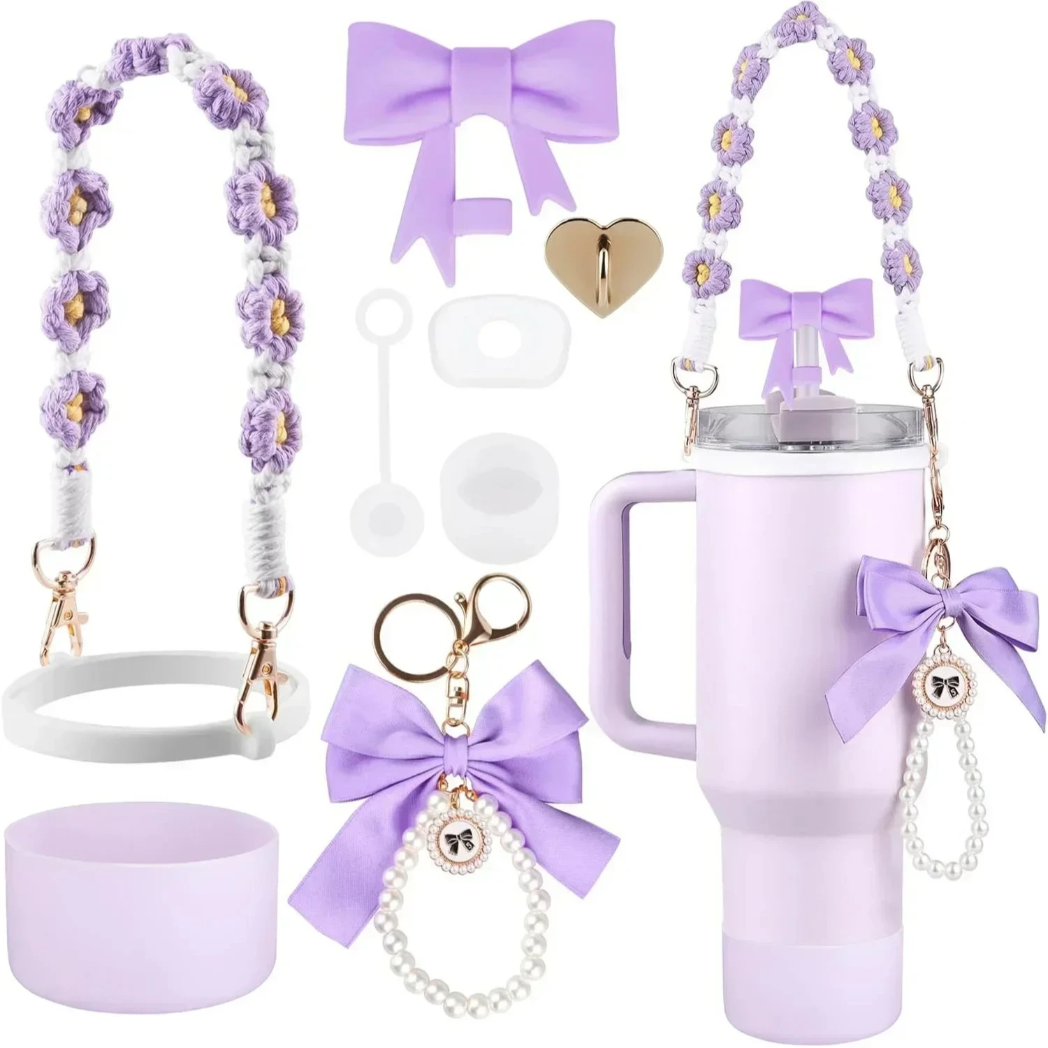 9pcs Accessories Set for Stanley Cup 40oz 30oz Tumbler Water Bottle Handle Strap Boot Bow Straw Cover Pearl Charms Straw Topper