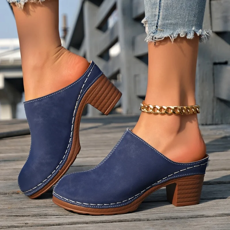 Women Suede Mid Heel Mules With Chunky Heels High heels Closed Toe Wedge Vintage Sandals New Summer Fashion Slipper Slides Women