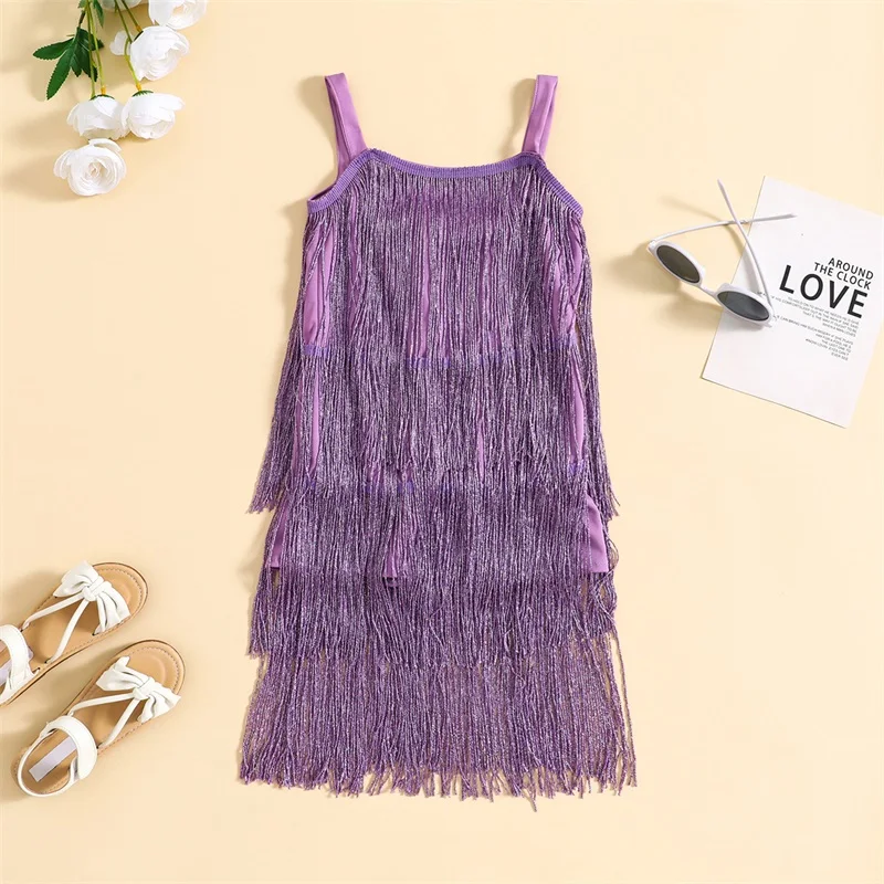 Baby Kids Girl’s Sequin Fringe Dress Sleeveless Tasseled Solid Summer Casual Dress Dance Outfits for Girls