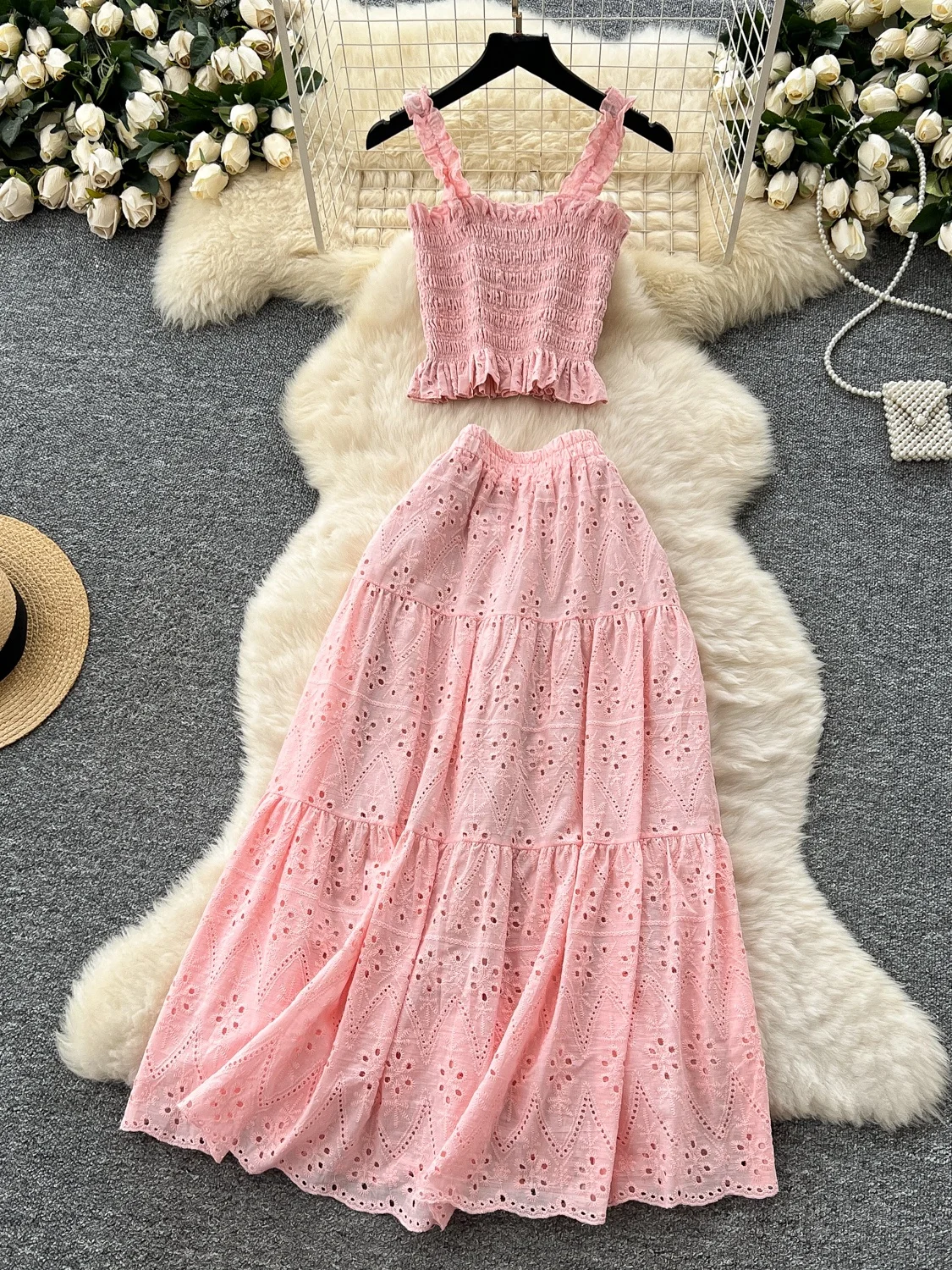 

Ele Hollow out Embroidery Crop Top And High Waist Skirt Set Women's Summer Faion Outfit Slim Fit Tank Top Vaion Wear