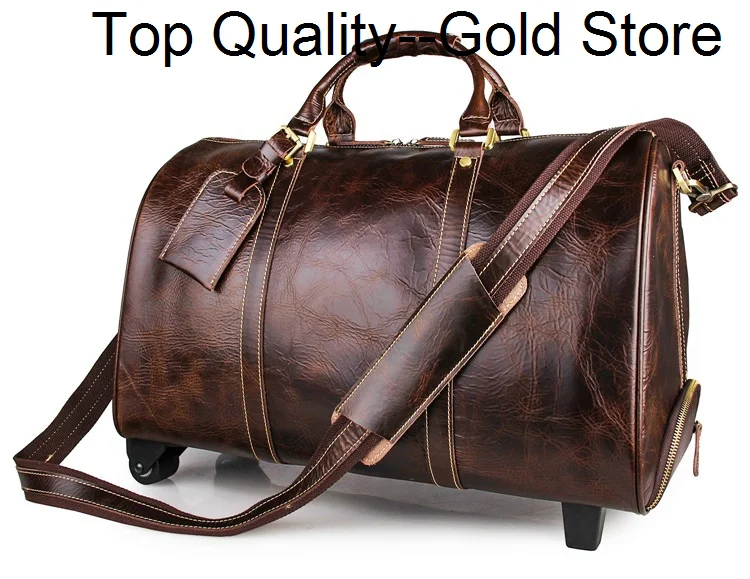 

Men's large genuine leather travel wheeled duffel Cowhide trolley case 20" Brown Big Rolling luggage Boston bag Free shipping