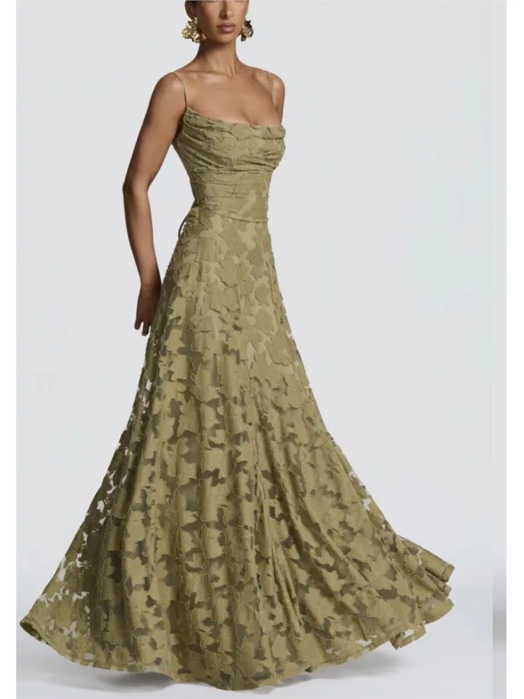 

Sexy Spaghetti Strap Backless Maxi Dresses Women Elegant Backless Slim Sling Gown Dress Female Fashion Jacquard Lace Party Dress