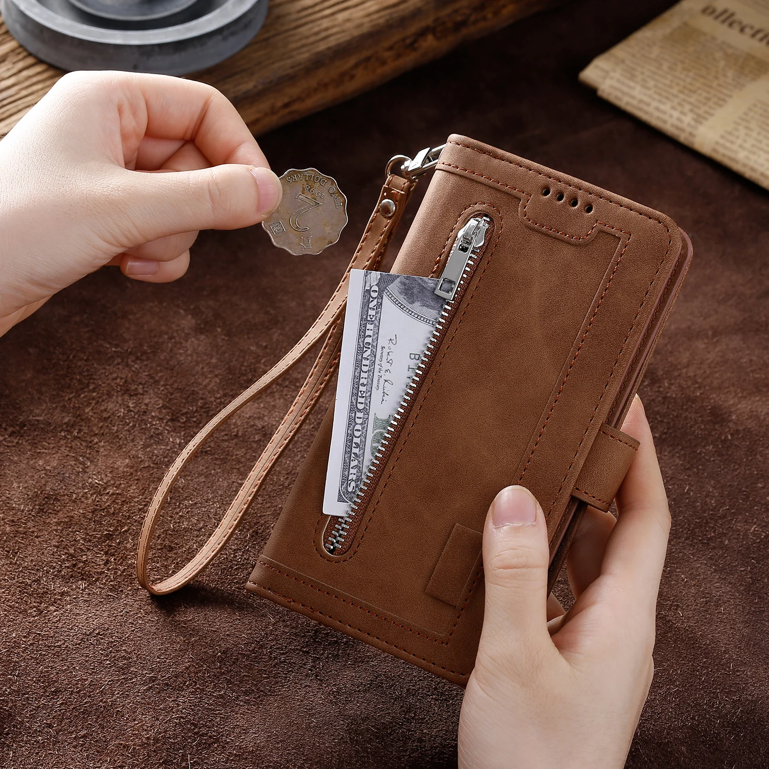 Multicard Solt Zipper Flip Leather Wallet Case dla iPhone 14 15 Pro Max 13 12 Mini 11 SE 2022 X 6 6s 7 8 Plus XR XS Book Cover — zdjęcie produktu 6