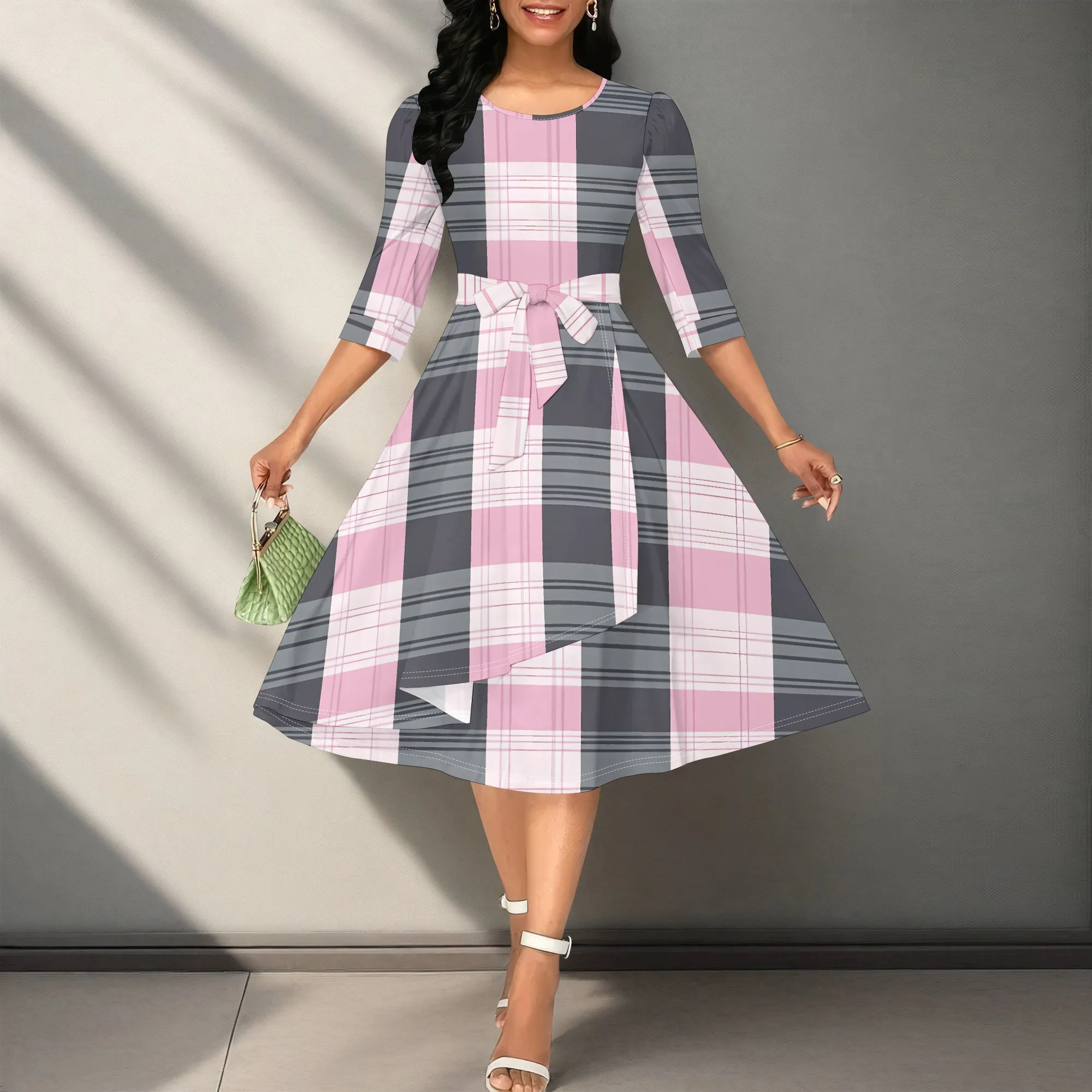 

Women's Plaid Dress Vintage A-line O-Neck Half Sleeve Dress with Belt for Office Work Party Wear XS-3XL