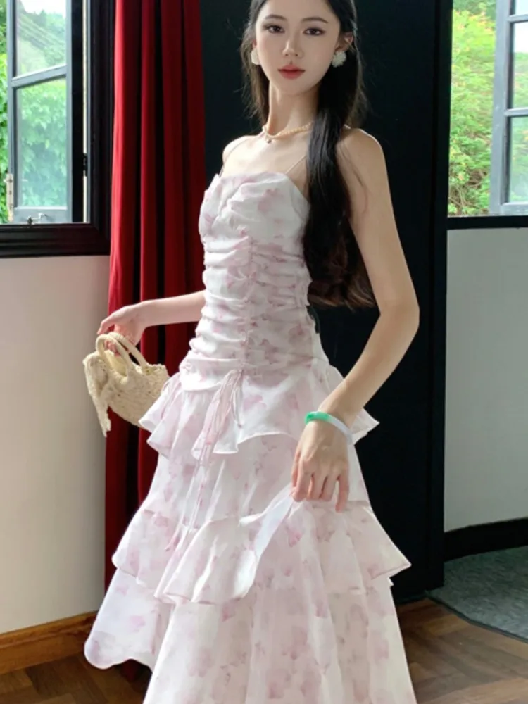 

Women Summer Pink Floral Print Ruffles Holiday Dress French Party Birthday Slim Fit Party Dresses Fashion Vestido Midi Robe New