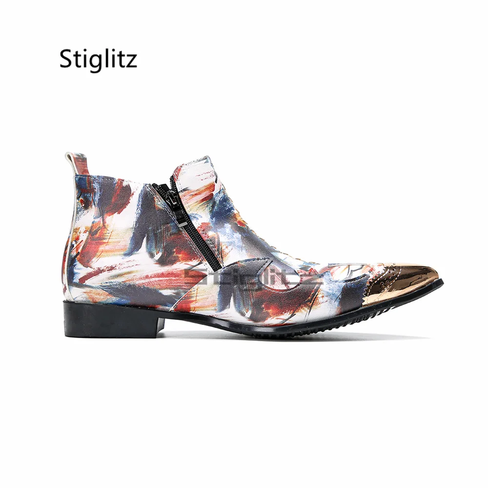 Men's Graffiti Print Chelsea Boots Pointed Metal Toe Side Zipper Low Heel Western Cowboy Boots Botas Hombre Punk Male Shoes