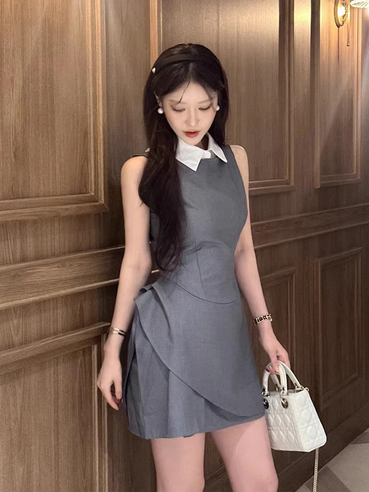 

Detachable Collar Asymmetrical Svel Vest Dr Women's Summer New Design High Waist Korean Sle ort Skirt Dr