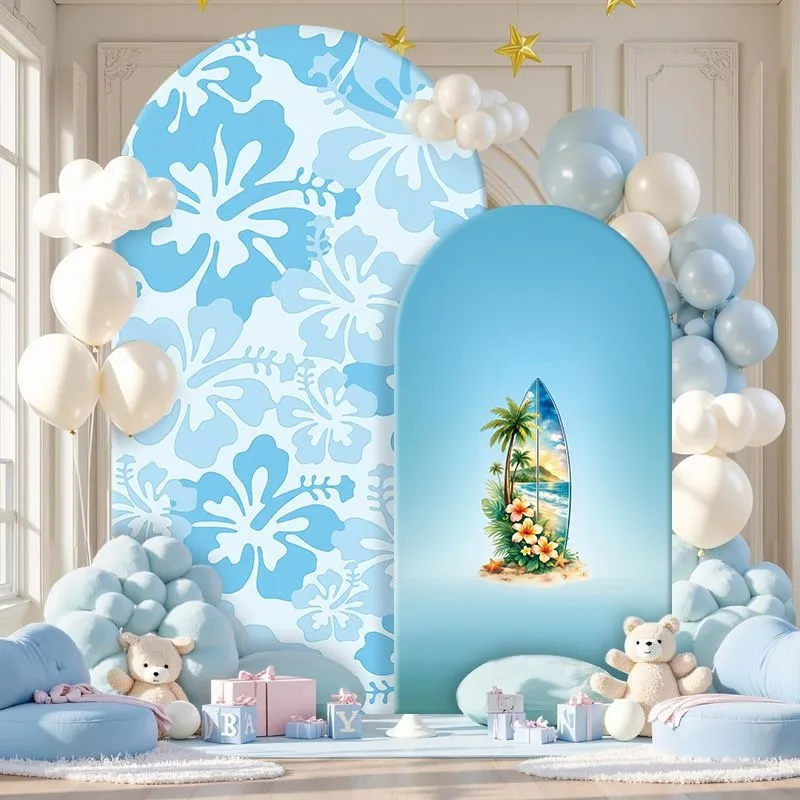Elastic Double-layer Arch Backdrop Cover Tropical Beach Theme Backdrop Set with Vintage Luggage Hat Surfboard Island Floral