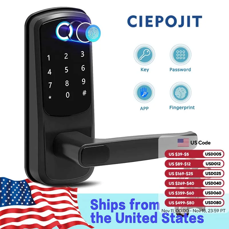 CIEPOJIT Smart Lock 5 In 1 Door Lock With Handle Biometric Technology Storage Memory Function TT LOCK APP Control