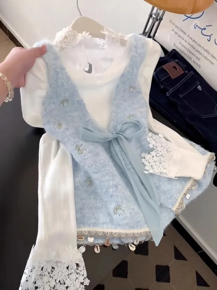 

Вязаный кружевной жилет Ele V-Ne с узелковой вышивкой, женский модный осенне-зимний комплект из двух предметов, высококачественный...