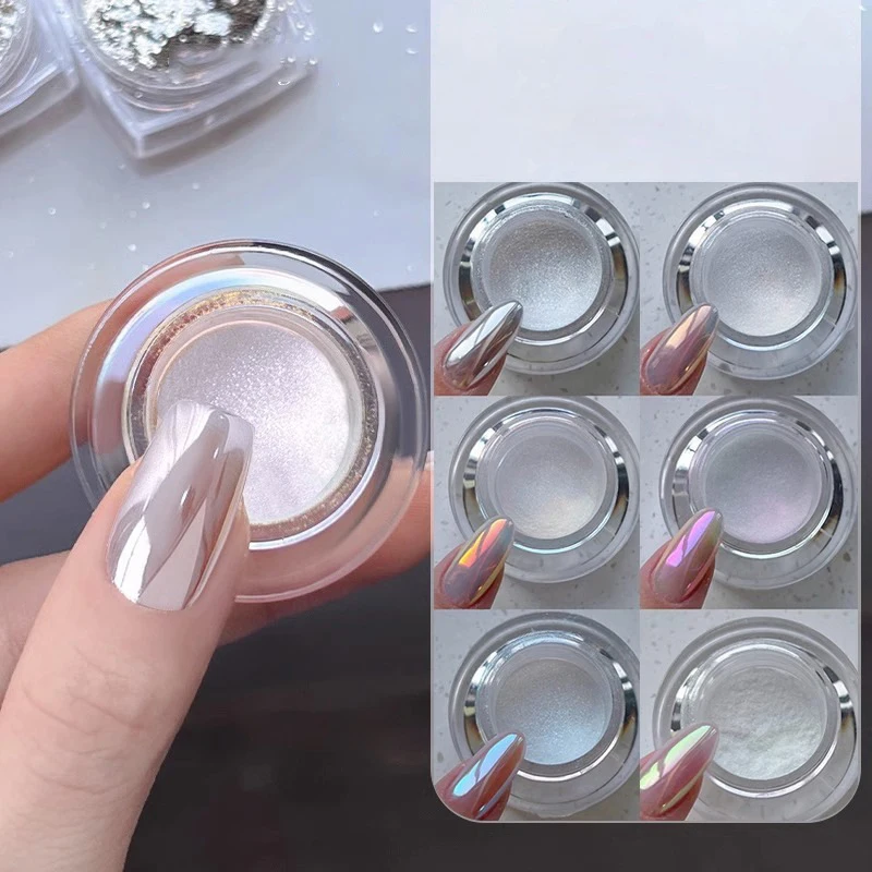 White Chrome Pearl Nail Powder Shimmer Glitter Wedding Bride Nail Design Aurora Rubbing Dust Mirror Effect Fairy Powder