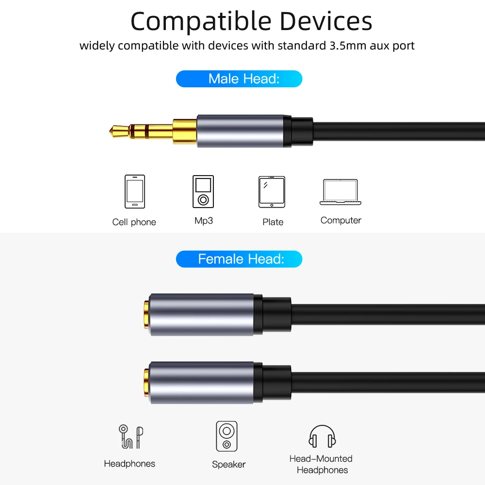 Splitter Headphone Cable For Computer 3.5mm Female to 2 Male 3.5mm Audio Connector Male to Dual Female 3.5 AUX Audio Adapter