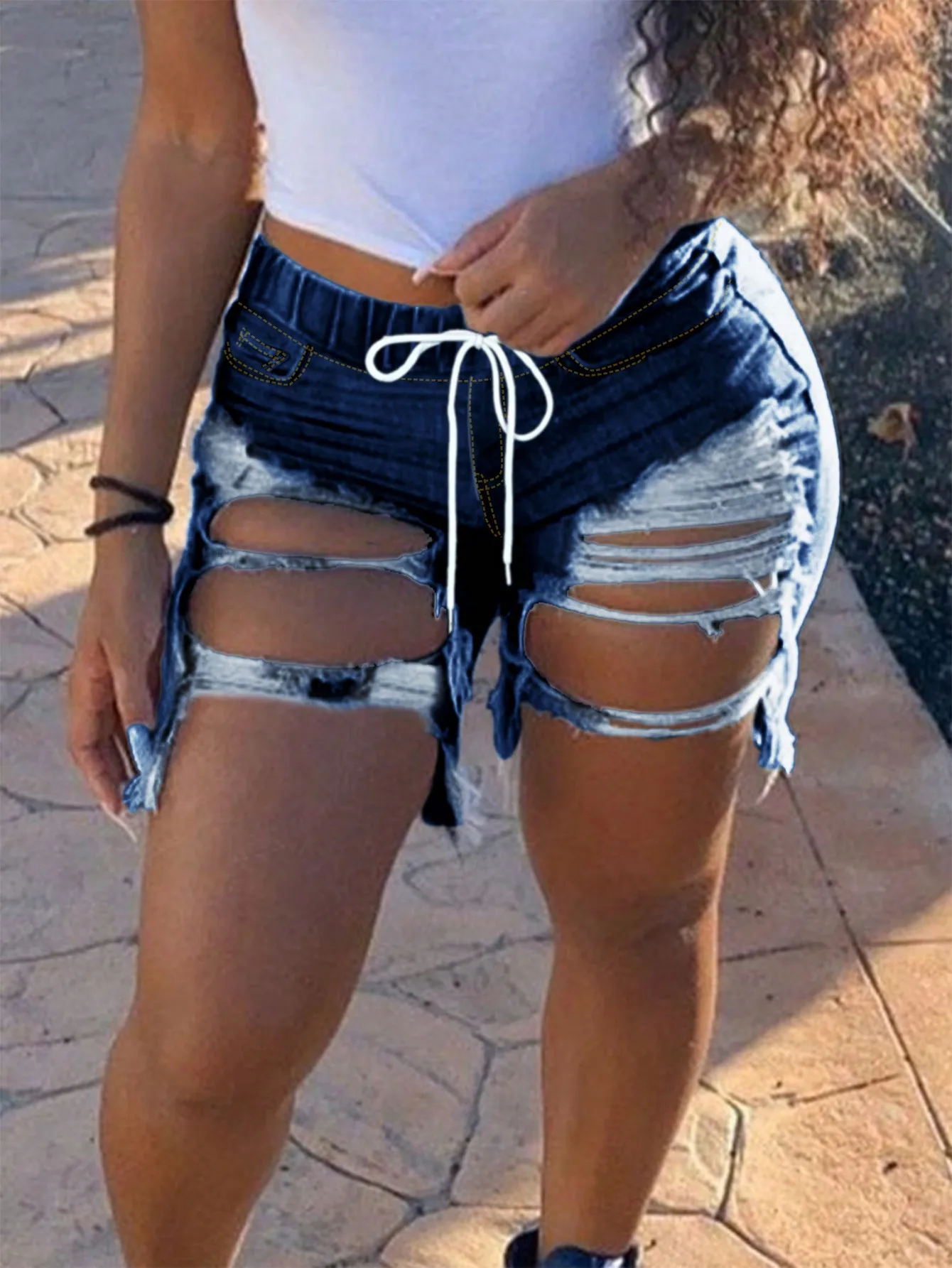

WGXWGX plus Size High-Waisted Denim Shorts for Women Drawstring Distressed Ripped Loose Fit Summer Casual Streetwear Fashion