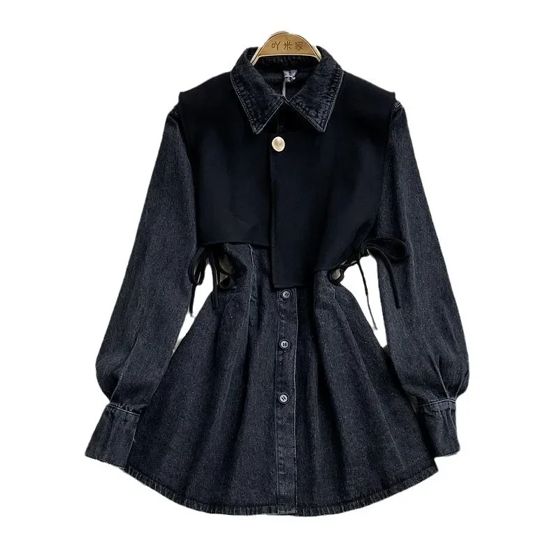 أوائل الخريف 2024 الراقية خمر هونغ كونغ نمط اقتصاص سترة قميص دينيم فستان 2 قطعة مجموعة ملابس الأعمال العصرية