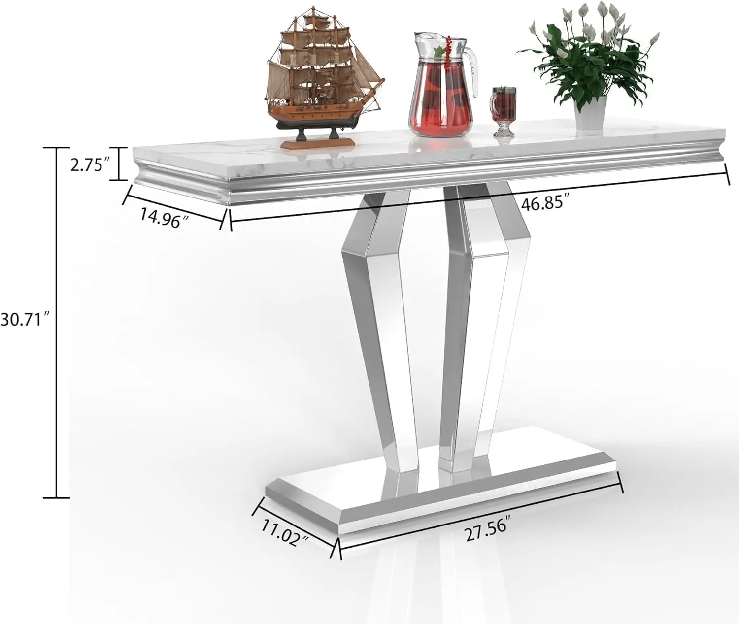 White Marble Console Table with Stainless Steel Diamond-Shaped Base, Faux Marble Top Console Table Narrow Console Table