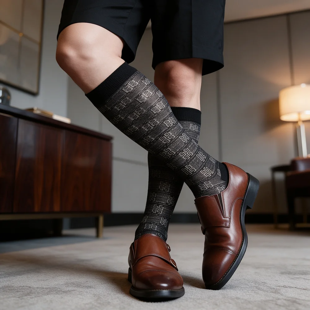 Calcetines de vestir hasta la rodilla para hombre, de malla transparente, transpirables, delgados, negros, con patrón geométrico, formales, para negocios, bodas, calcetines hasta la pantorrilla