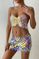 Metallic Sequins Festival Club Outfits For Women Hollow Out Crop Top Sexy Mini Skirt Summer Beach Carnival Rave Party Body Chain