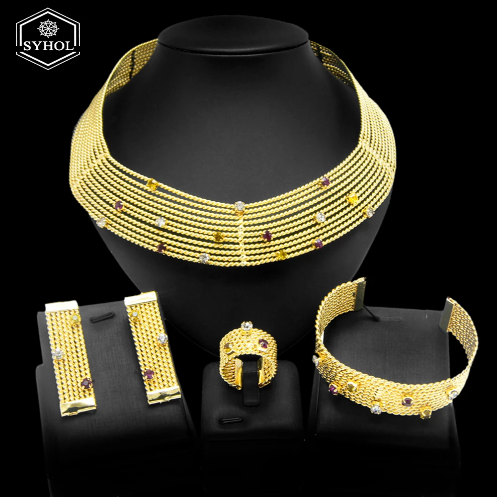 SYHOL Woman Jewelry Set 24K Gold Plated Original Dress Luxury Necklace Earrings Wedding Banquet Dubai Gold Jewelry