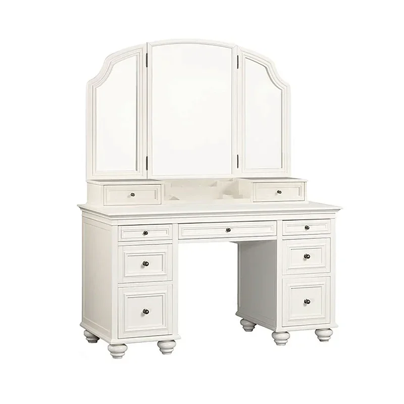 

SQ American all solid wood dresser bedroom light luxury high sense with lamp storage led large mirror cream style makeup table