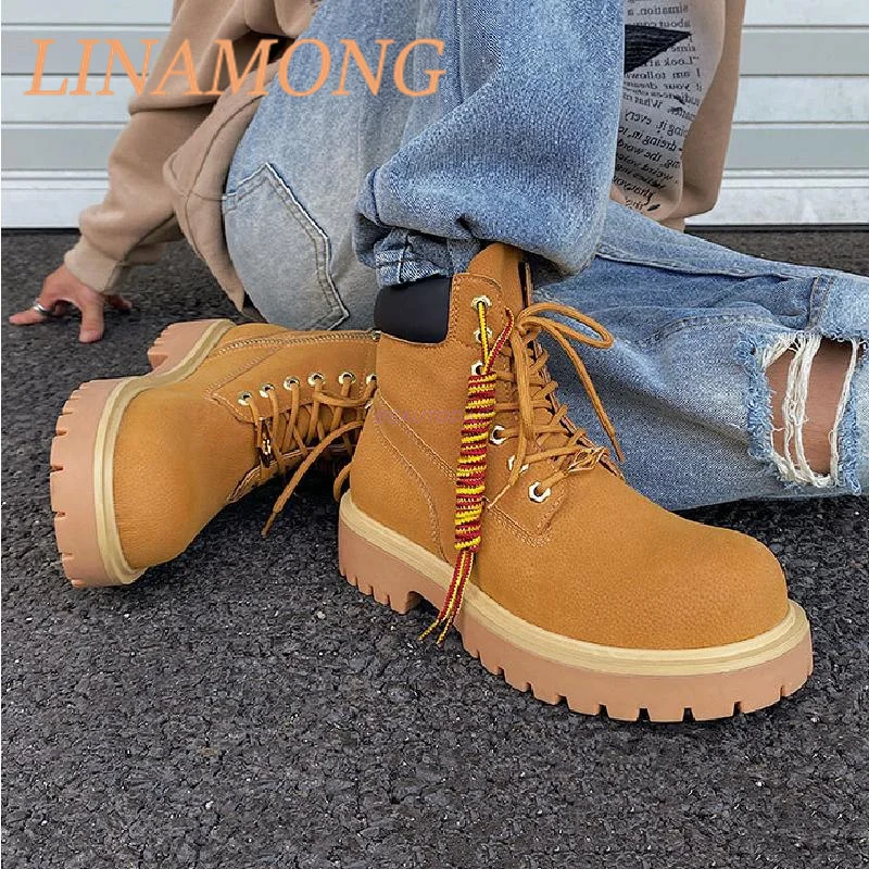 

Thick Soled Height Increasing Boots Fashionable and Versatile British Style Workwear Shoes Front Lace Up Side Zipper Short Boots