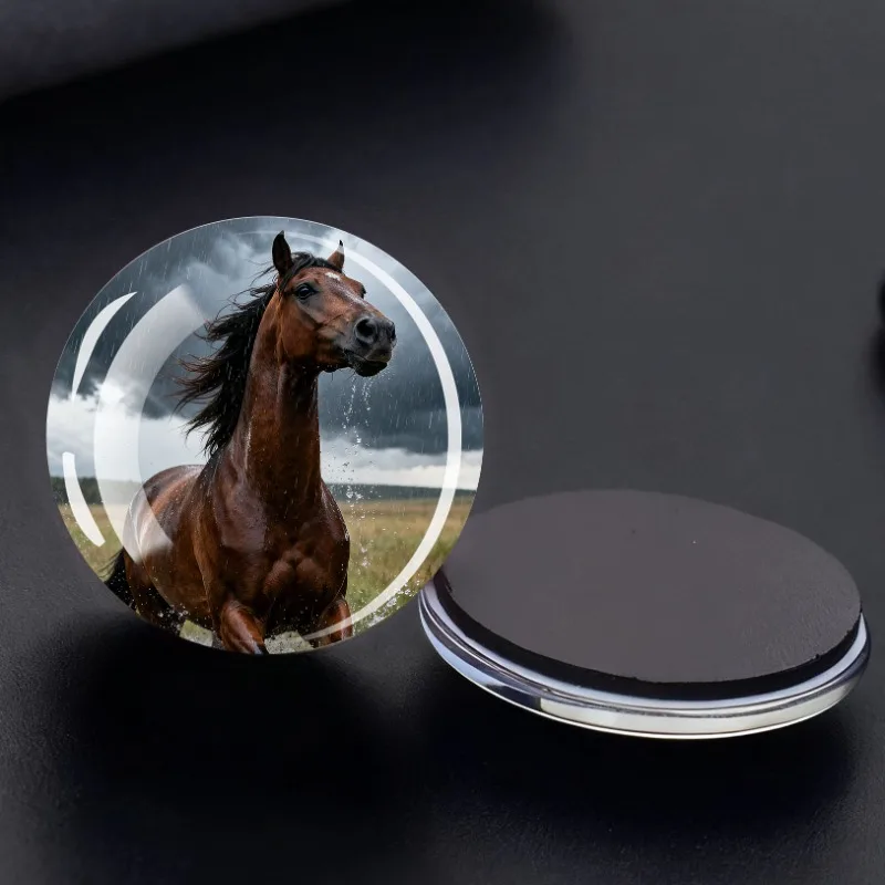 1PC 30MM Black Horse White Horse Realistic Style Dome Glass Circular Refrigerator Sticker Horse Home Decorations, Party Gifts