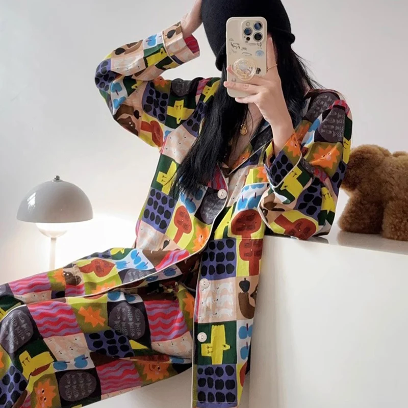 Literary Cartoon Cute Casual Lazy Women\'s Pajamas Retro Trend Harajuku Homewear 2024 Autumn Winter New Long Sleeved+pant 2pc Set