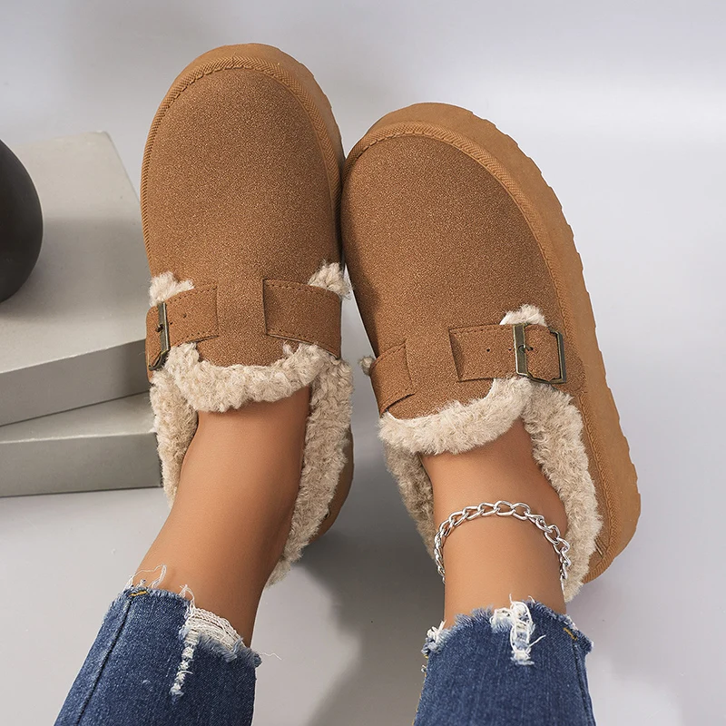 Inverno Addensato Peluche Appartamenti per Le Donne 2024 Marrone Pelliccia Sintetica Caldo Antiscivolo Scarpe Casual Donna Fahion Fibbia Tacco